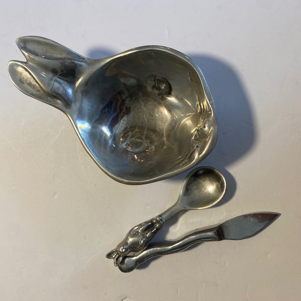 Mariposa Brillante Bunny Dip Bowl Set 3pc Silver Aluminum Rabbit Spoon Spreader
